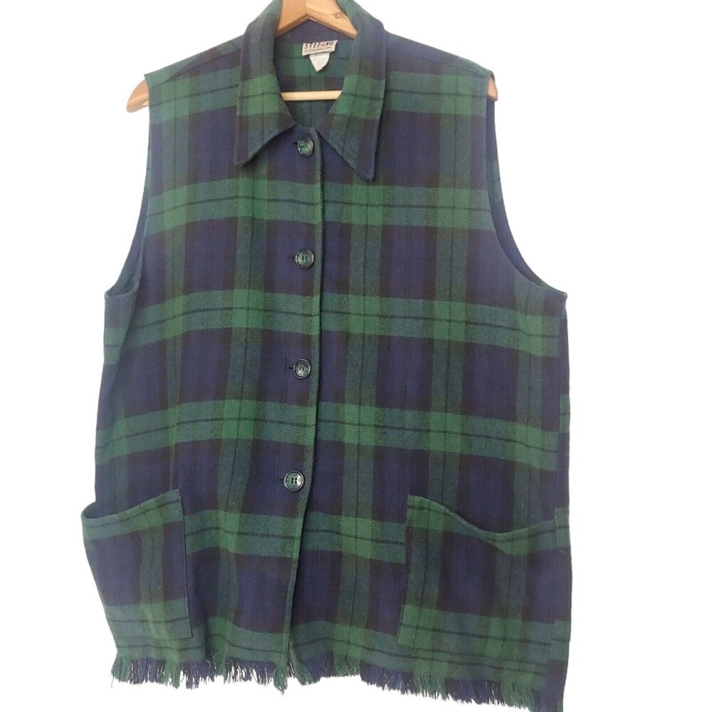 Vintage Stefano ILGWU Womens L Vest Blackwatch Plaid Fringe Button Green Blue